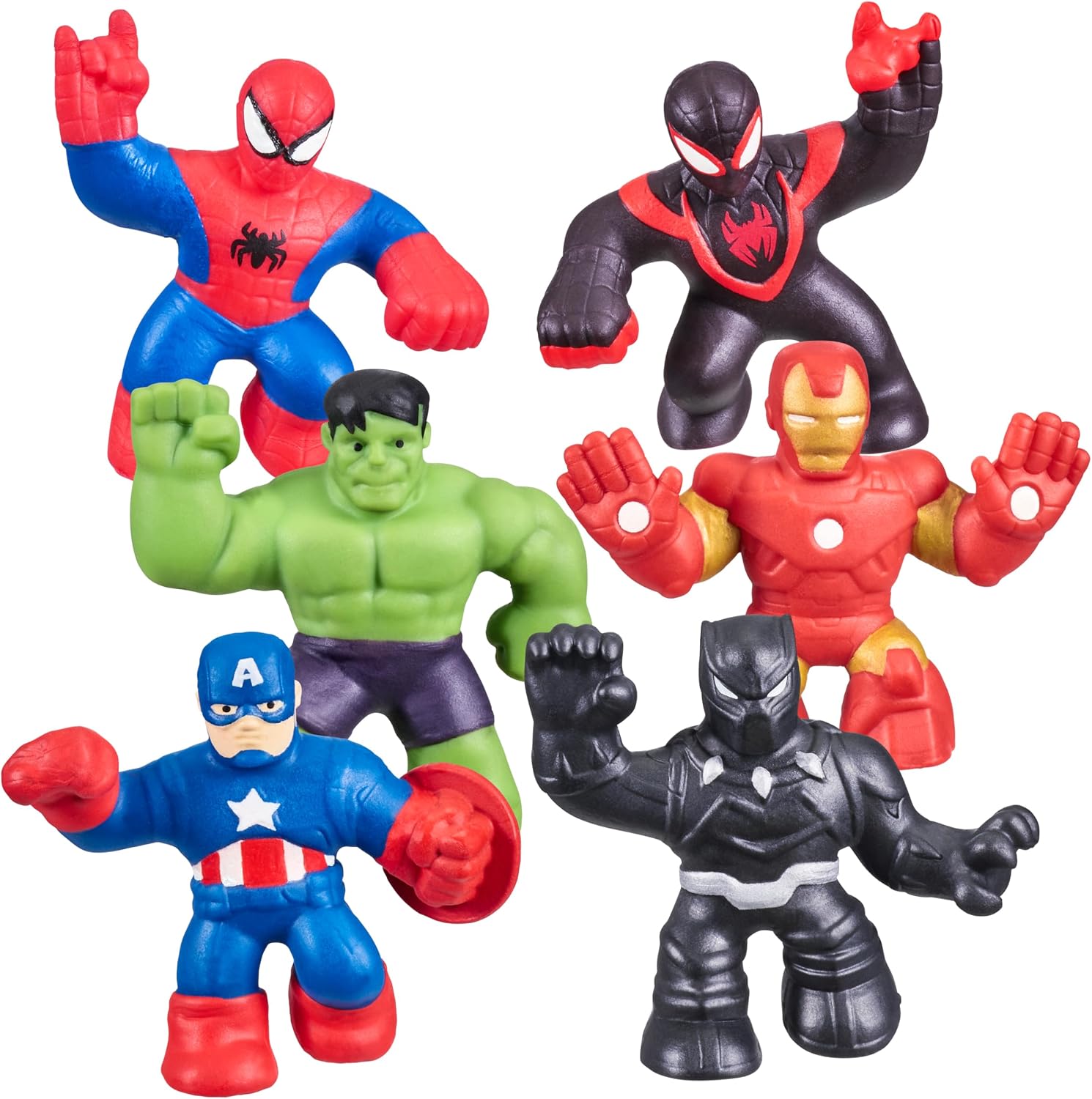 Heroes of Goo Jit Zu Marvel Mega 迷你 6 件裝 - 超級英雄玩具、Squishy、Stretchy、Gooey 迷你英雄 - 鋼鐵人、蜘蛛人、美國隊長、邁爾斯·莫拉萊斯、綠巨人和黑豹