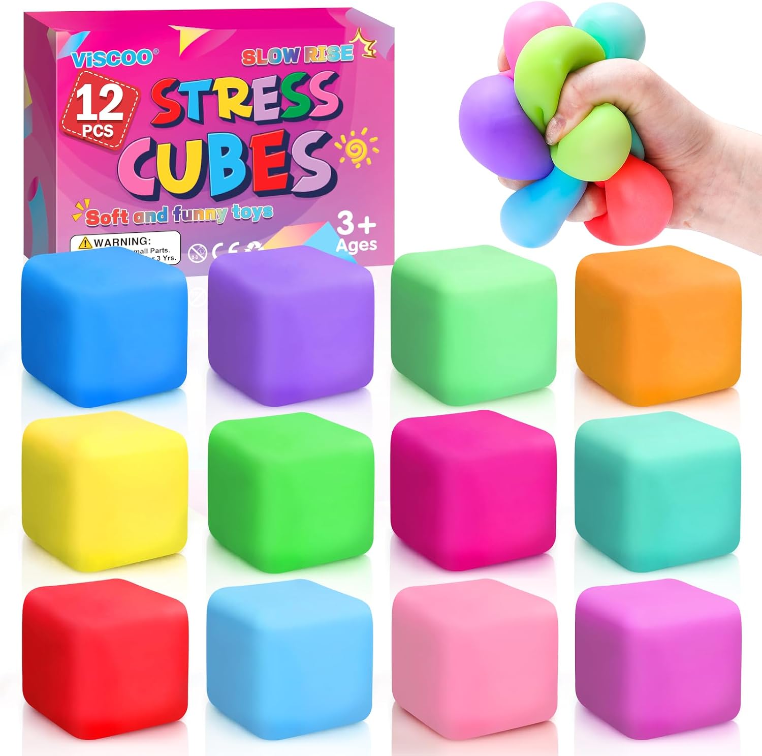 VISCOO 12 件裝緩慢上升壓力立方體、壓力球 Fidget Squishy 玩具