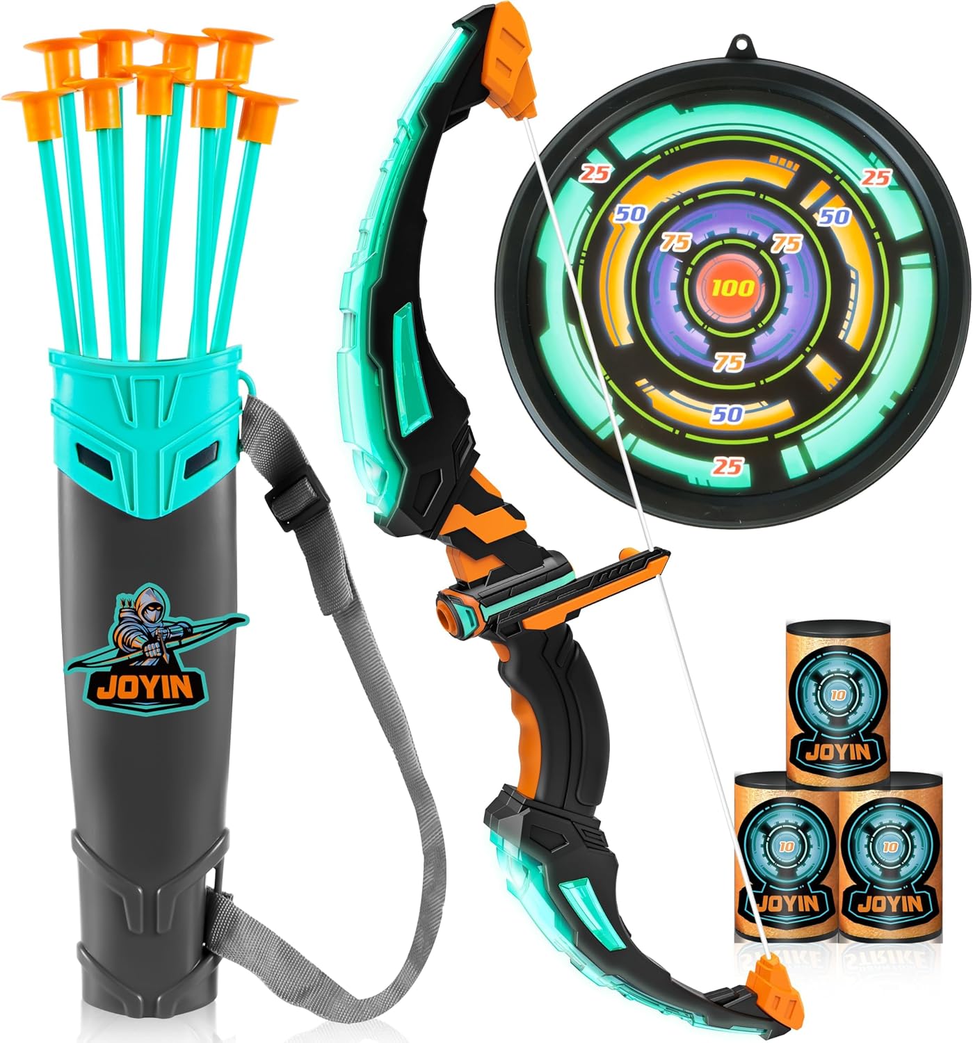 JOYIN 兒童弓箭套裝，LED 發光射箭玩具套裝，帶有 9 個吸盤箭頭，目標和箭盒，室內和室外狩獵玩具禮品玩具，適合 6-12 歲兒童、男孩和女孩