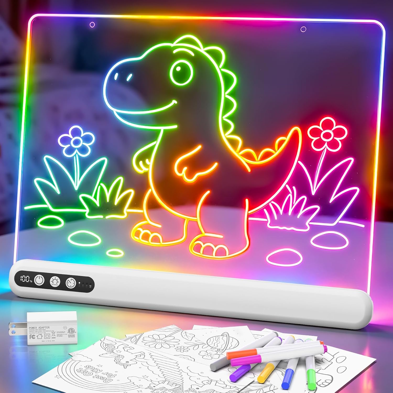 16 吋兒童 LED 繪圖板，可充電 LED 記事板，7 種顏色，發光繪圖板 7 種動態模式，包括適配器，聖誕節生日萬聖節禮物，適合 3 歲以上女孩和男孩（白色）