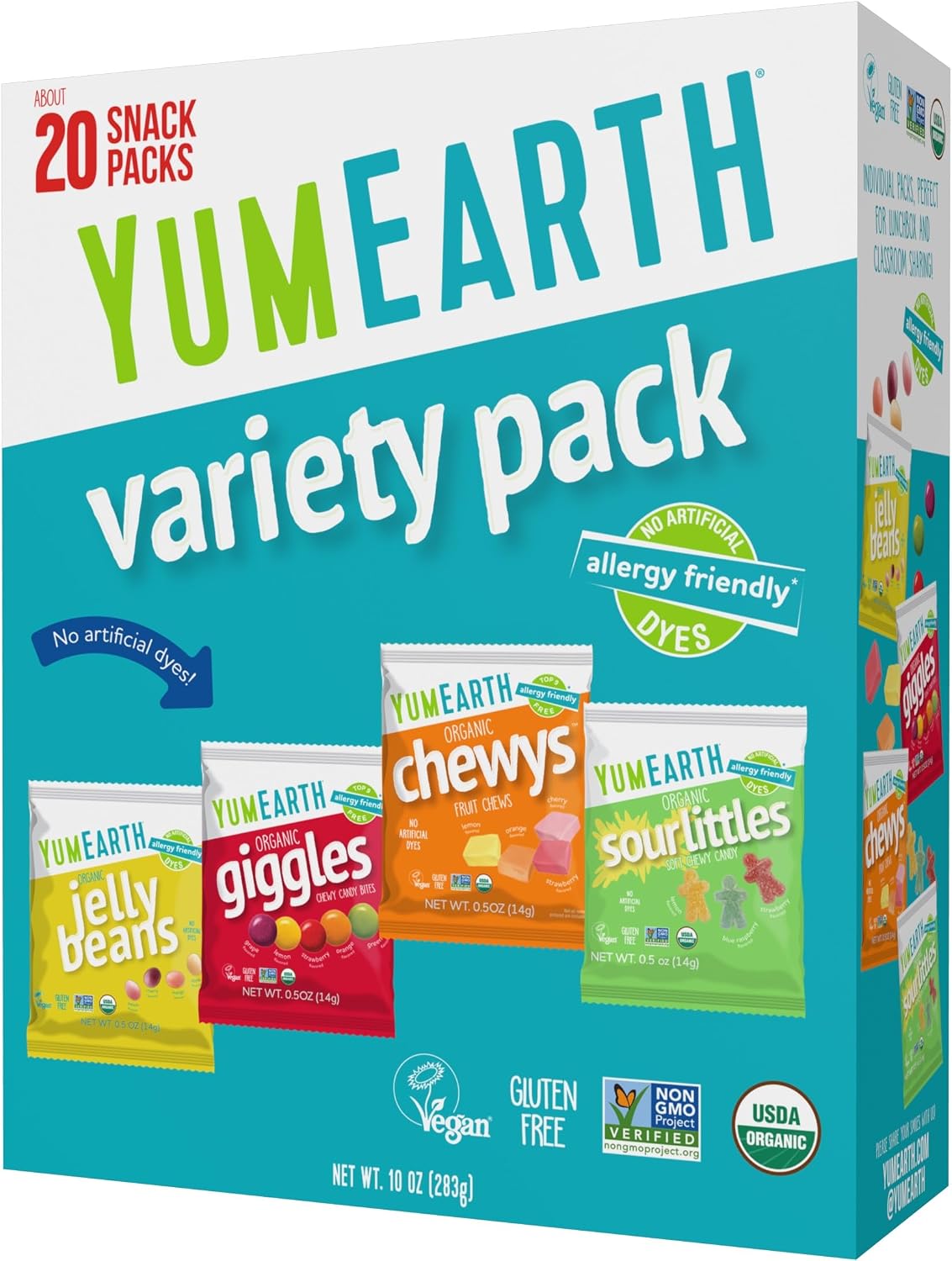 YumEarth 有機品種盒 - 果凍豆、Giggles、耐嚼糖、Sour Littles - 防過敏（前 9 種免費）、無人造染料、非基因改造、無麩質、素食 - 獨立包裝（20 件裝）