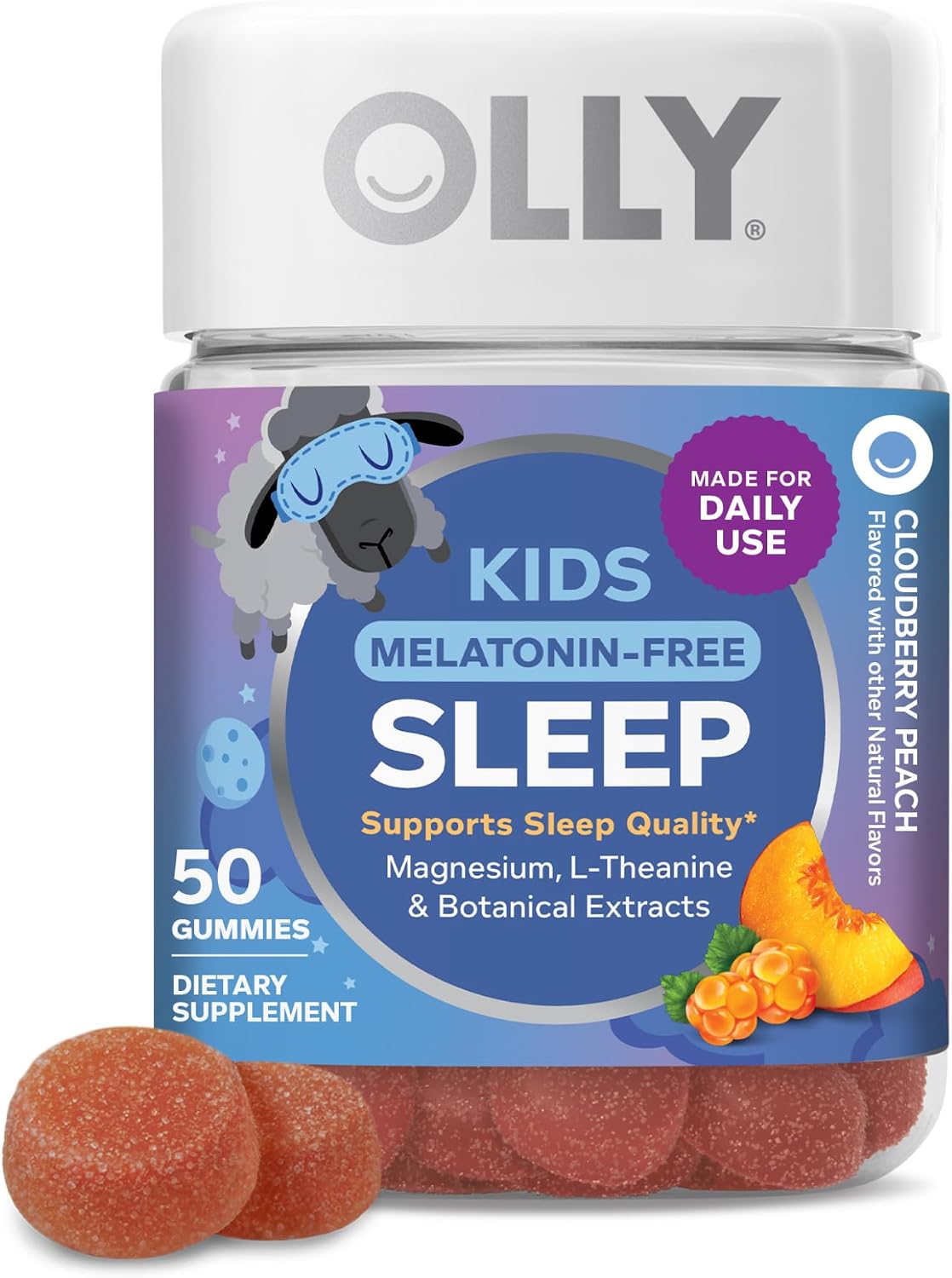OLLY Kids 褪黑激素免費睡眠，鎂和 L-茶氨酸，桃子 - 50 片