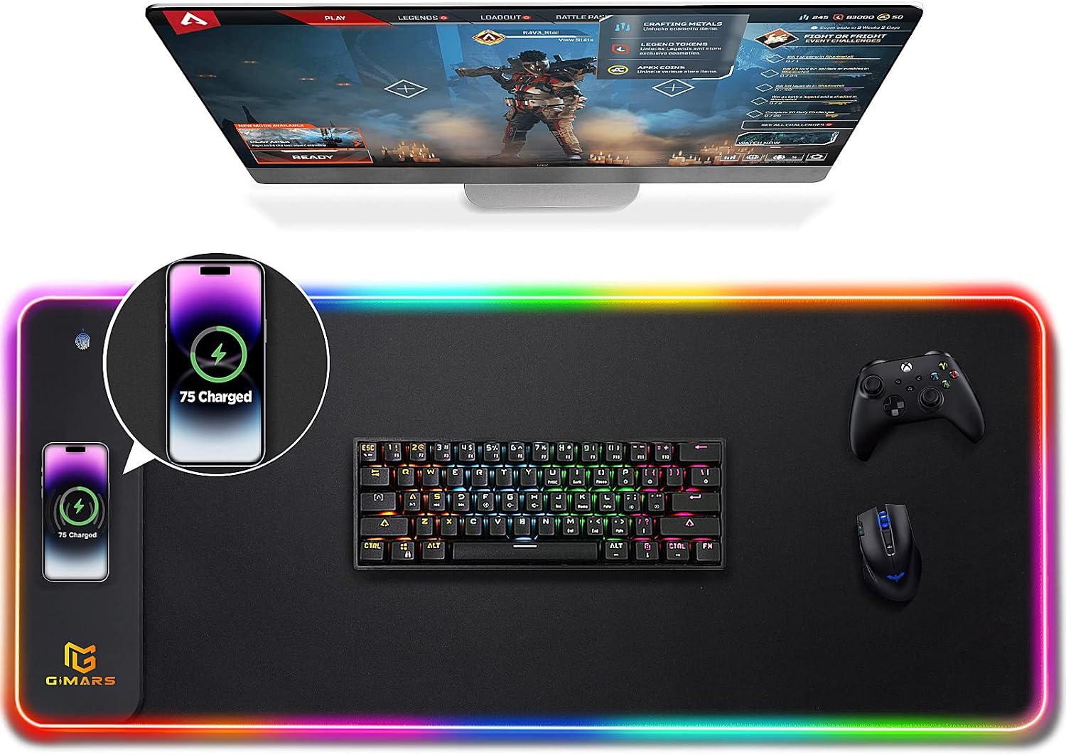 Gimars 升級遊戲滑鼠墊 RGB，15 W 無線快充，800 x 300 x 5 毫米，XXL 滑鼠墊，帶 10 種顏色 LED 燈，大型 LED 滑鼠墊，表面光滑的遊戲配件，防滑橡膠