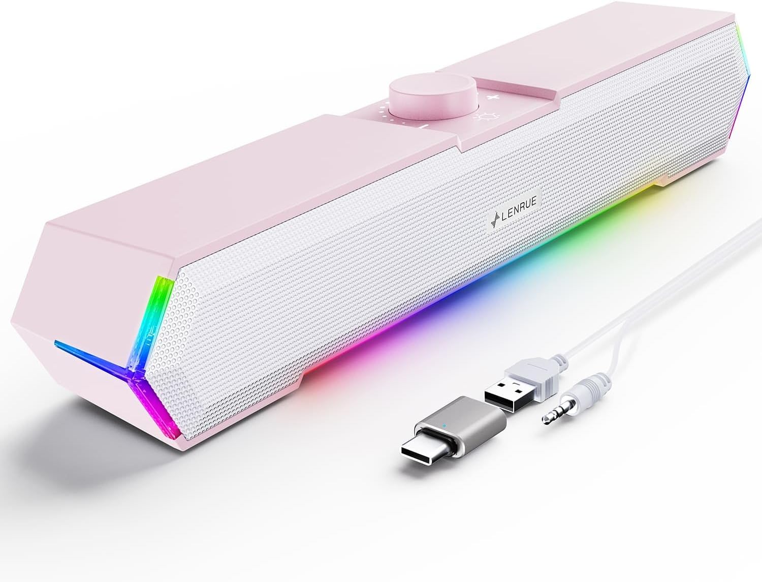 LENRUE G11 桌上型電腦揚聲器，觸控燈電腦揚聲器，具有清晰的聲音，USB C/USB 供電，AUX 音頻，適用於電腦桌上型電腦筆記型電腦辦公桌（淺粉紅色）