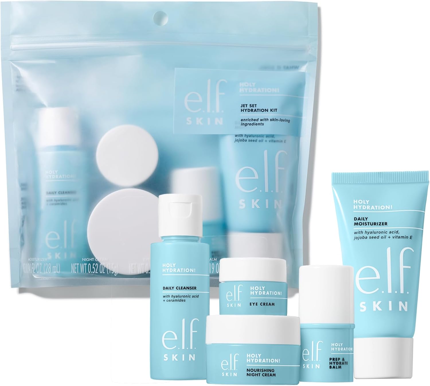 e.l.f.肌膚神聖補水！ Jet Set 水合套裝、旅行友好型水合護肤套裝、洁面乳、香膏、保湿霜、眼霜和晚霜，纯素且無動物实驗