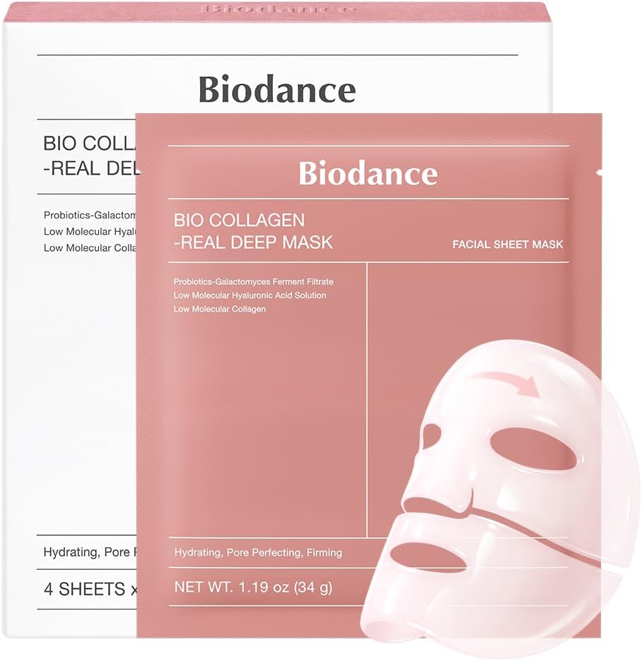 BIODANCE 生物膠原蛋白真正深層面膜，保濕隔夜水凝膠面膜，縮小毛孔，彈性，豐盈，女性旅行必需品和自我護理禮物，韓國護膚 | BIODANCE 1.19 盎司（34 克）x 4 個