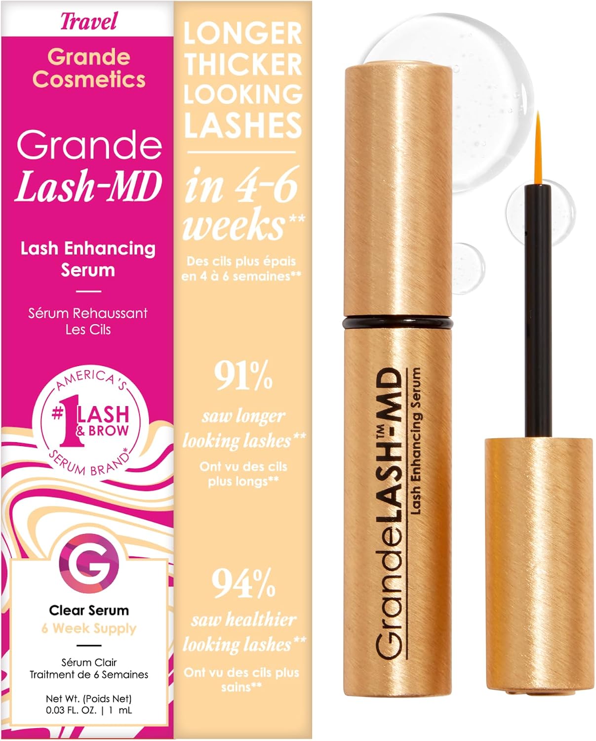 Grande Cosmetics GrandeLASH-MD 睫毛增強精華液 - 註入勝肽和維生素的配方，使睫毛更長、更濃密、更豐盈 - 經眼科醫生測試，無動物實驗，6 週用量（1mL）