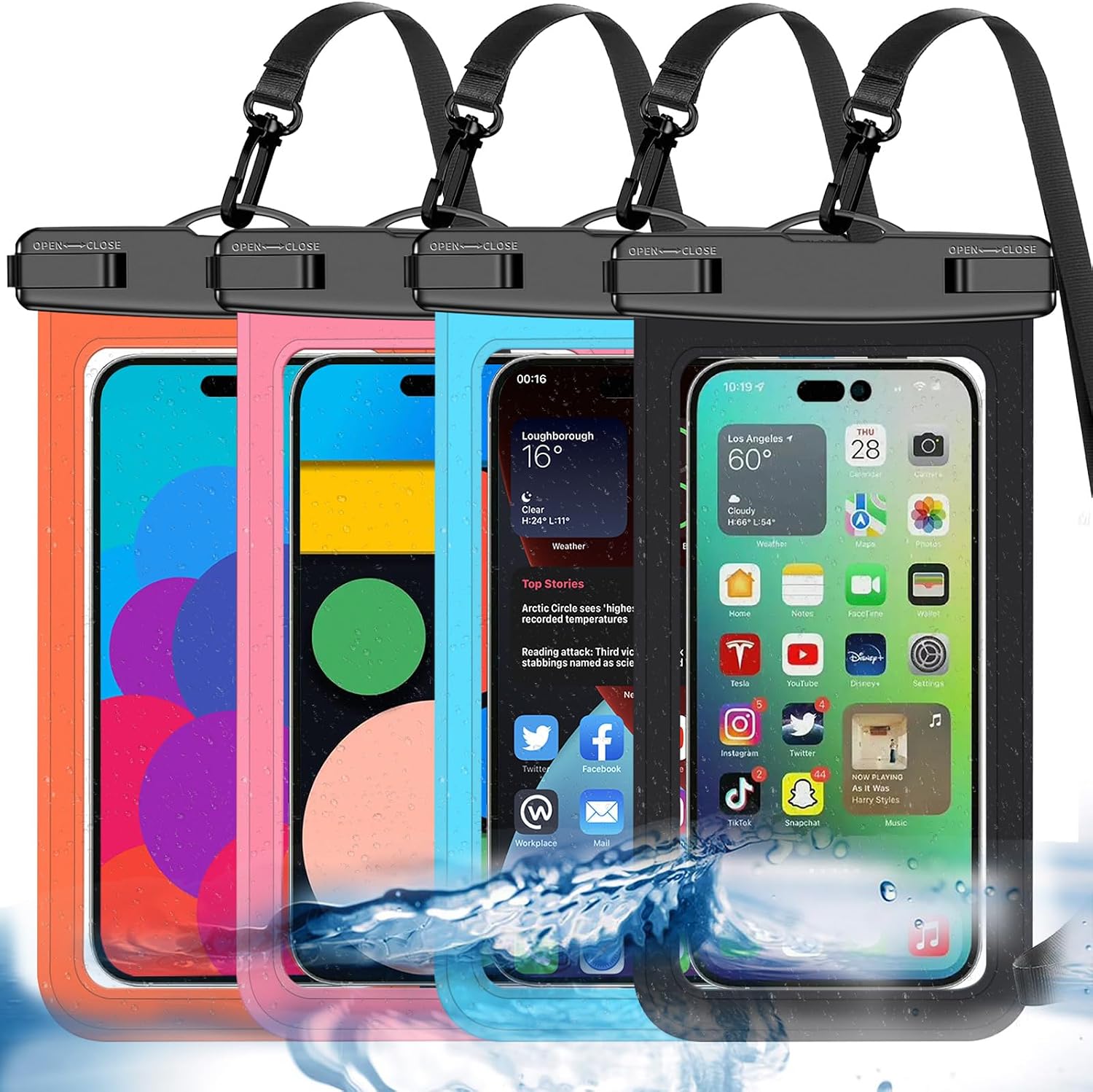 【4枚セット完全防水】多色汎用型スマホ防水ケース。大型のスマホも使える防水ケース・バッグ（防水性能：IP68認定）アウトドア・スポーツシーン適用のApple iPhone、Android Phoneなど最大7.5"のスマホに対応 (黒，青，ピンク，オレンジです)