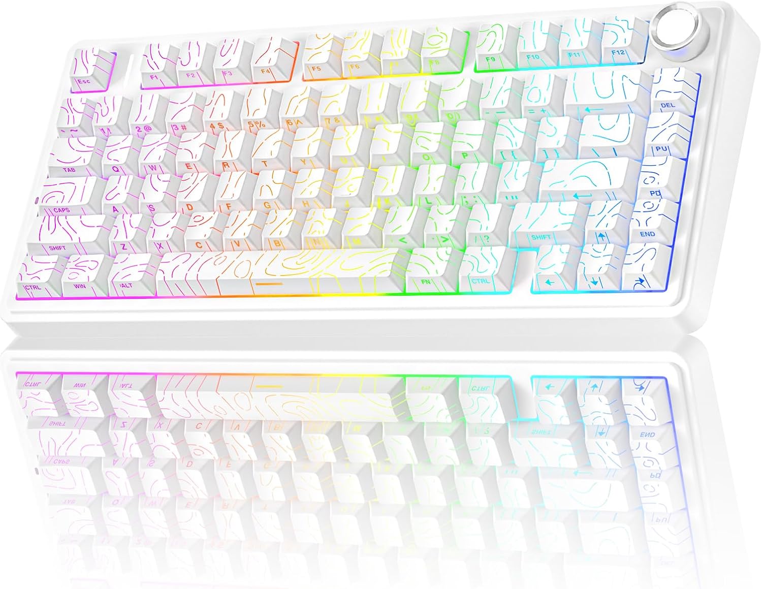 AULA F75 Pro 帶旋鈕無線機械鍵盤，75% 熱插拔定制遊戲鍵盤，RGB 背光，預潤滑開關，側面印刷 PBT 鍵帽，奶油色電腦鍵盤，線條白色