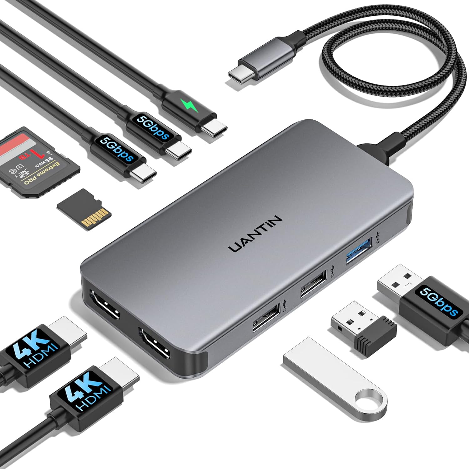 UANTIN USB C 擴充座雙顯示器，適用於筆記型電腦，10 合 1 擴充座 HDMI 集線器