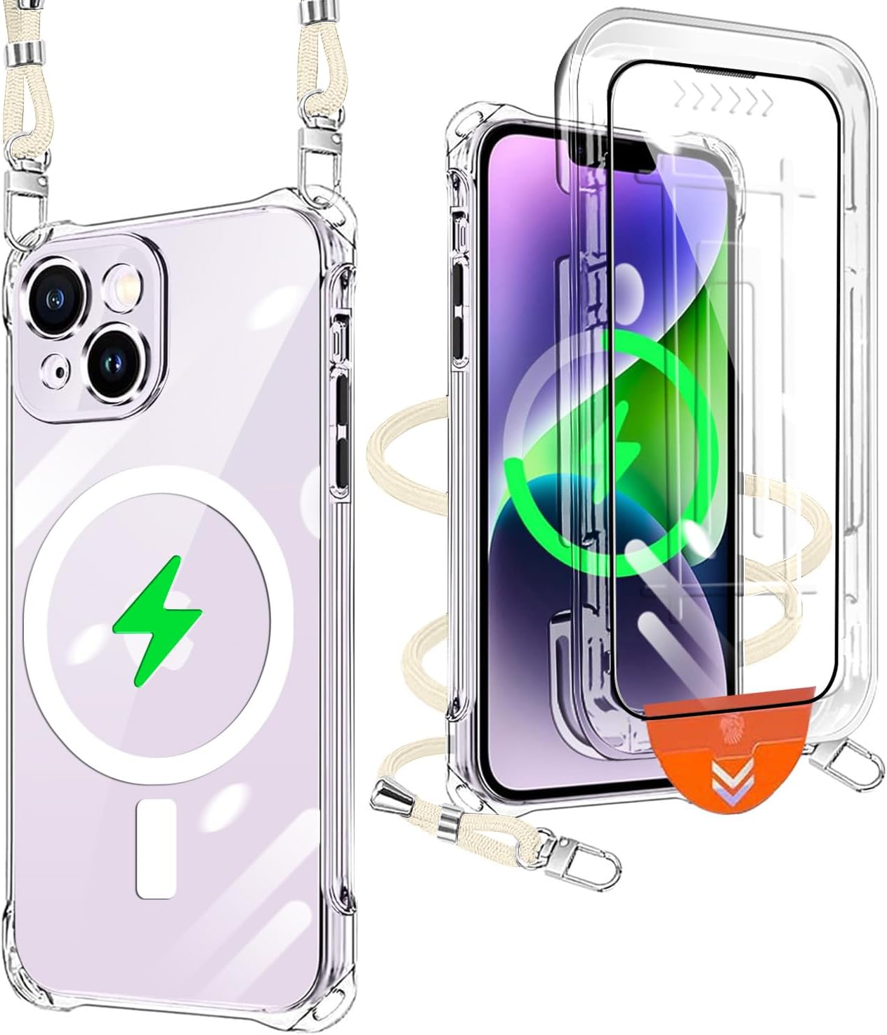 iPhone 14 手機殼，透明，包括 1 個玻璃膜，iPhone 14 手機殼，肩帶，兼容 Magsafe，內置磁鐵，手機保護套，防震，全面保護，含電源線，肩背