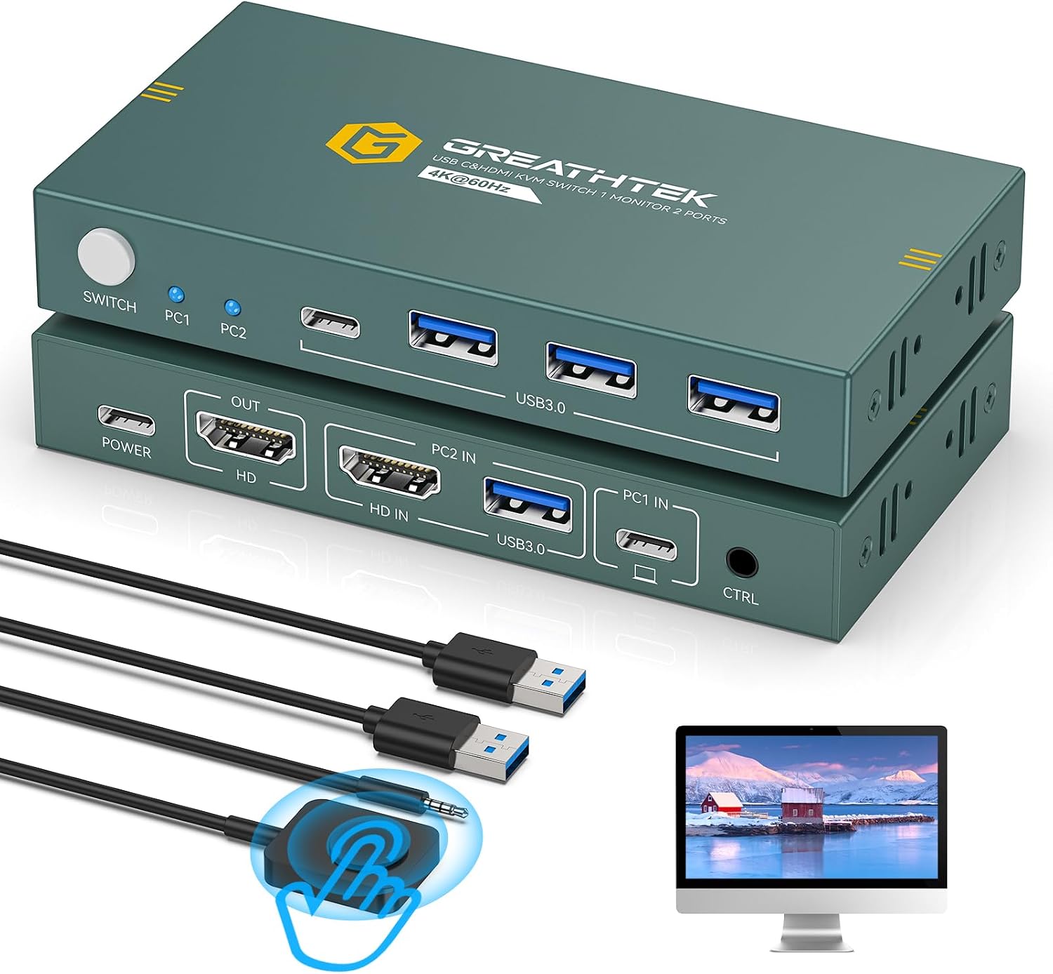 Greathek HDMI USB C KVM 切換器適用於 2 台電腦/筆記型電腦共用 1 台顯示器