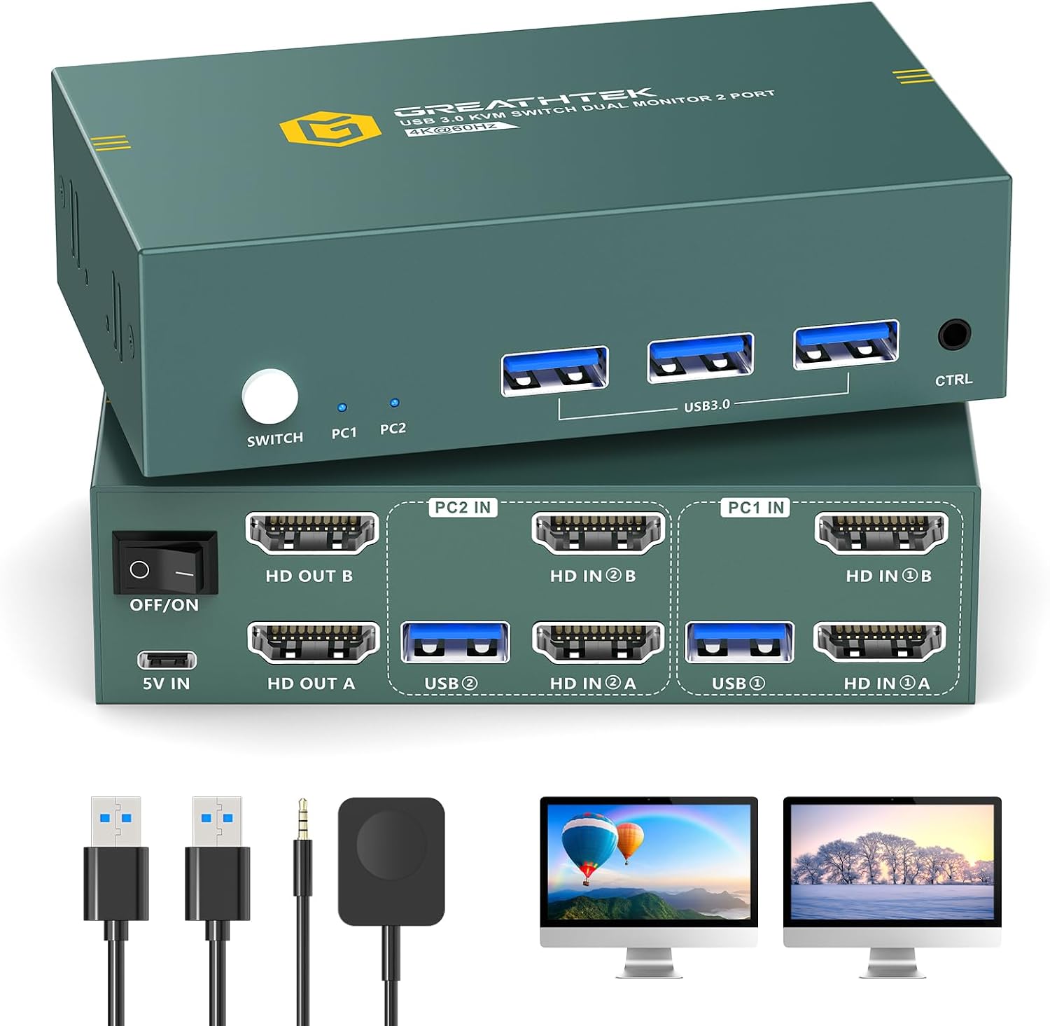 Greathek 4K@60HZ HDMI KVM 切換器 2 台顯示器 2 台電腦雙顯示器