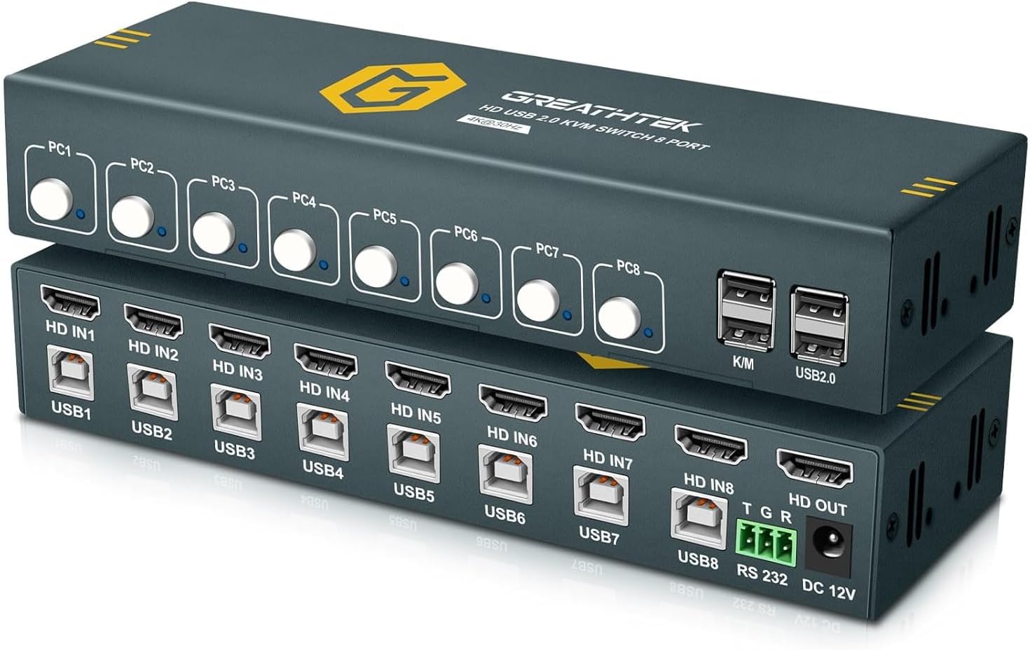 HDMI KVM切換器8端口，4K@30Hz KVM切換器8台電腦共享1個顯示器和鍵盤和滑鼠，帶USB 2.0端口，支援按鈕開關和熱鍵開關和RS232，自適應EDID，即插即用