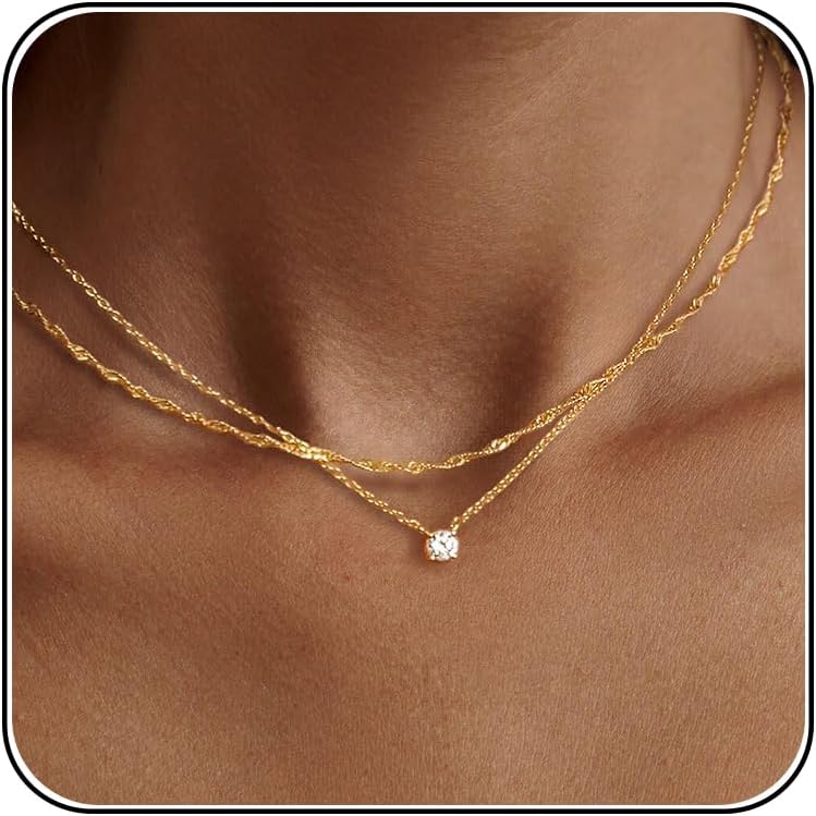 Tewiky Dainty 女式 14k 鍍金/銀方晶鋯石項鍊