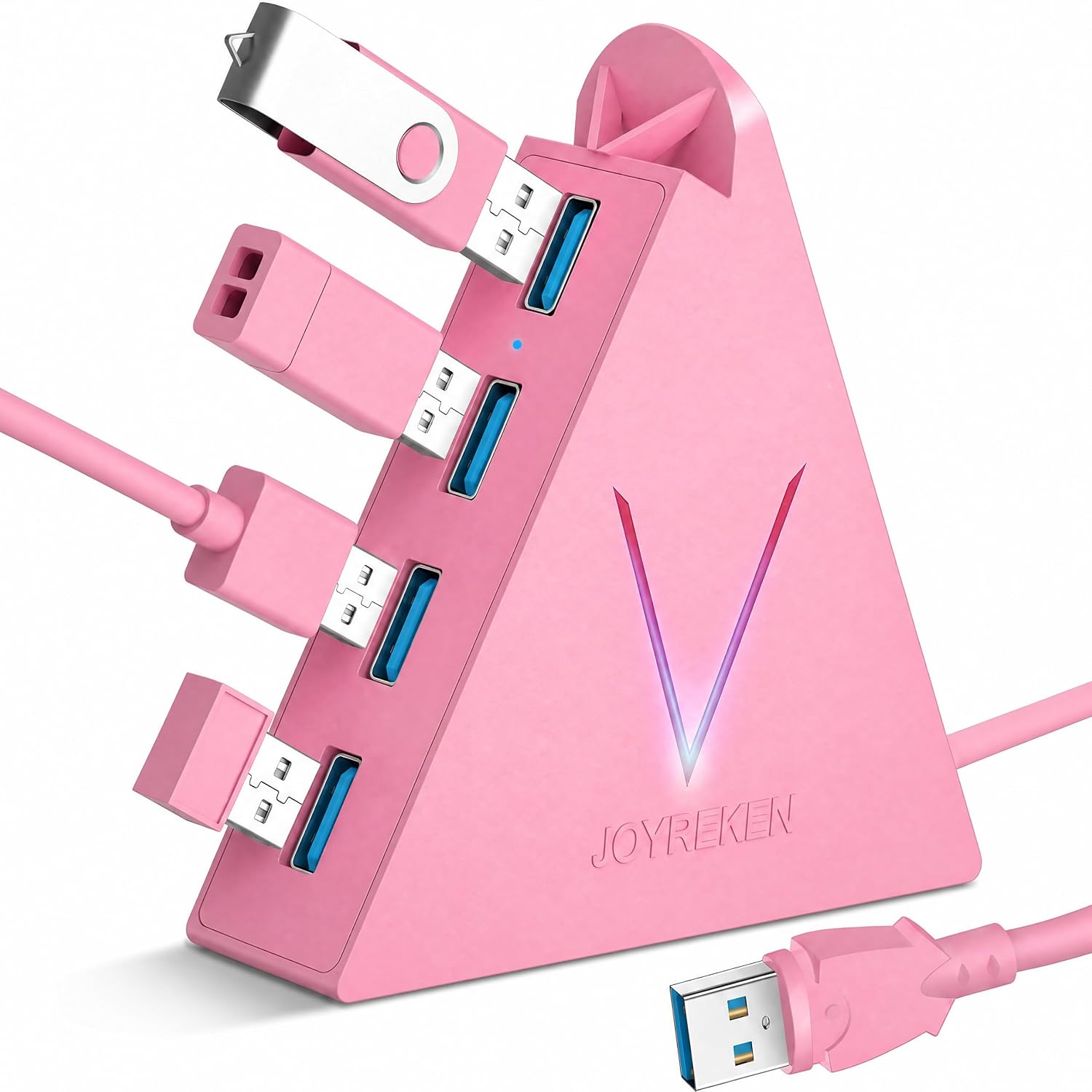4 埠 USB 3.0 集線器，FlyingVHUB 垂直資料 USB 集線器，附 2 英尺延長線，適用於 Mac、PC、Xbox One、PS4、PS5、iMac、Surface Pro、XPS、筆記型電腦、桌上型電腦、隨身碟、行動硬碟（粉紅色）