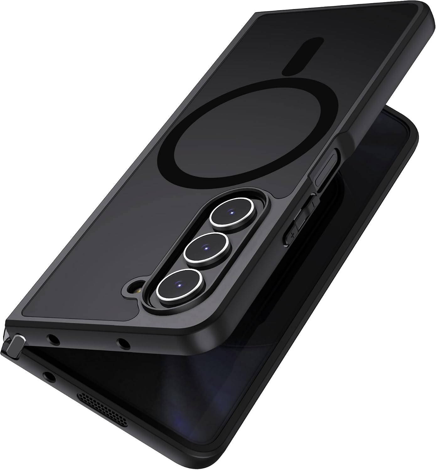 三星 Galaxy Z Fold 5 磁性保護殼，MAKAVO [與 MagSafe 兼容] 纖薄半透明啞光硬背和軟黑色保險槓，軍用級防摔保護套，防震手機殼