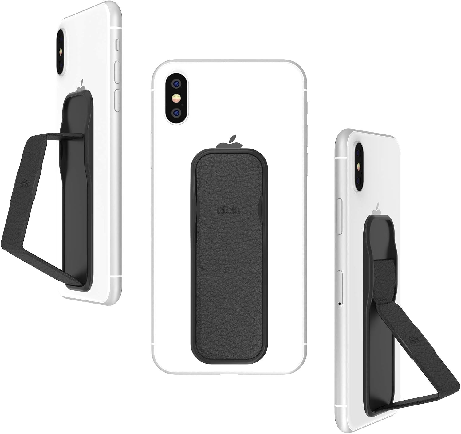 CLCKR 智慧型手機支架和握把，縱向/橫向，纖薄設計，相容於 iPhone、Android、Xperia、各種智慧型手機保護殼、通用智慧型手機支架（S、黑色）