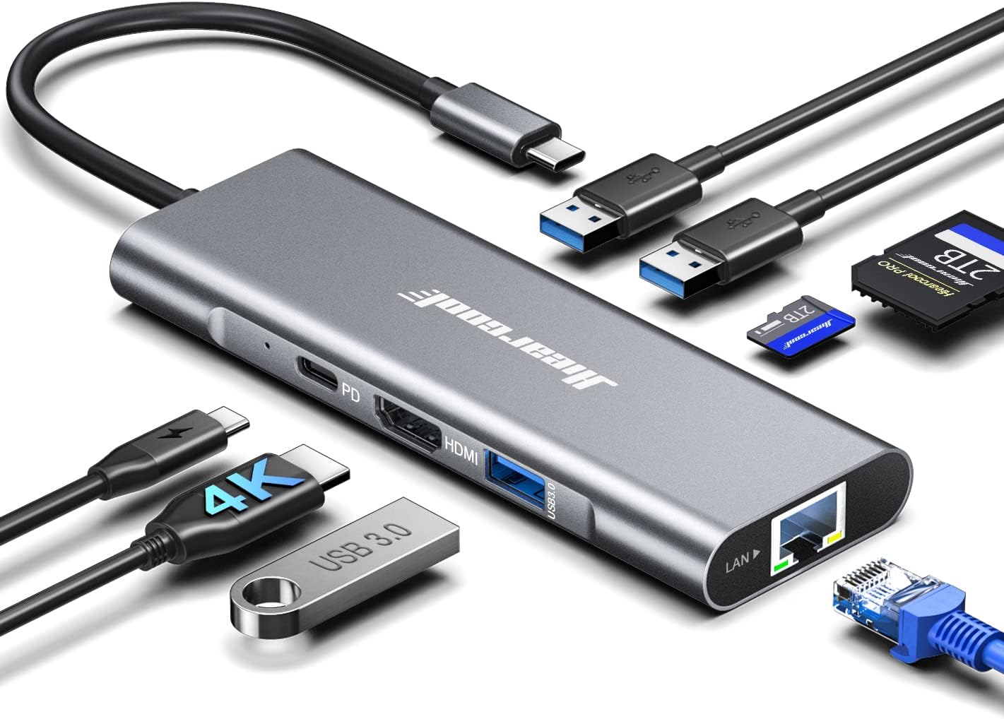 Hiearcool USB C 集線器、USB C 擴充座、4K@60Hz HDMI、1Gbps 乙太網路、太空灰色