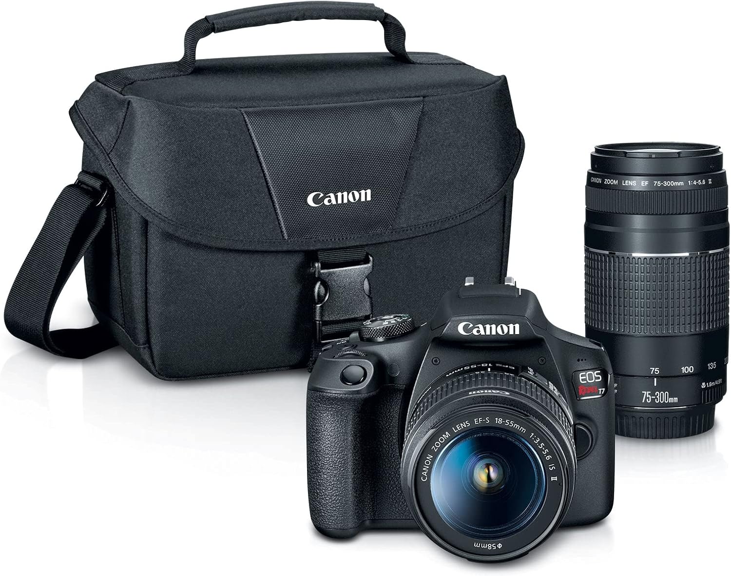 佳能 EOS Rebel T7 單眼相機雙變焦鏡頭套件，帶 EF-S 18-55 毫米和 EF 75-300 毫米鏡頭，24.1 兆像素 CMOS (APS-C) 感測器，全高清視頻，Wi-Fi，初學者攝影師，數位相機，黑色