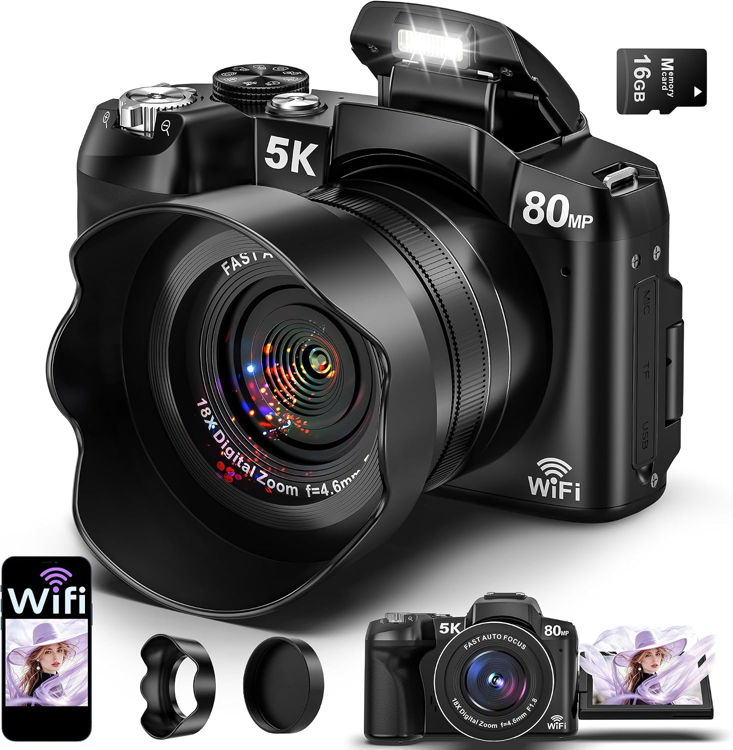 攝影相機 5K 數位相機 WiFi 80MP 超高清自動對焦 影片博客