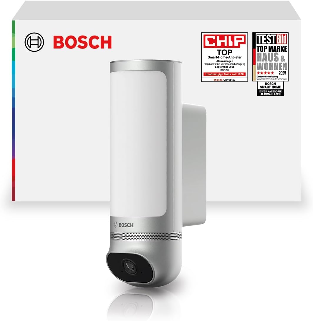Bosch Smart Home Außenkamera II，Überwachungskamera Außen，1080p 全高清，整合警報和設計，相容於 Amazon Alexa，silber