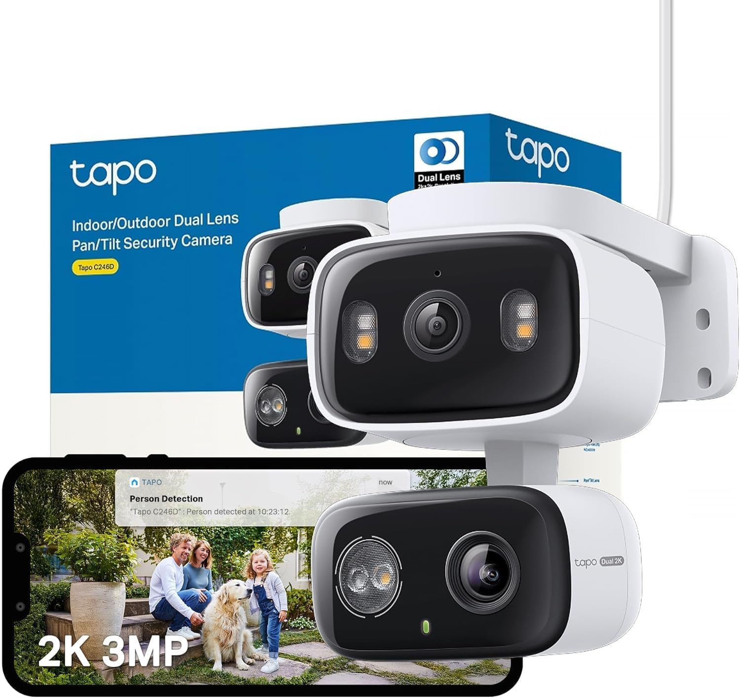 Tapo C246D WiFi戶外監控攝影機，2K雙鏡頭，125°廣角和6毫米長焦鏡頭，智慧追蹤，免費AI檢測，夜視，MicroSD卡高達512 GB