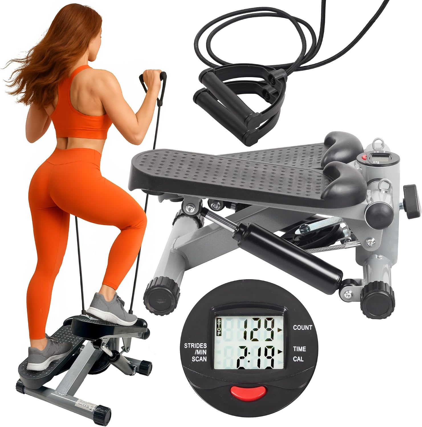 PORTENTUM 家用迷你踏步機，帶阻力帶和 LCD 顯示屏，5 種功能，Stairmaster 3 合 1，適用於腿部和手臂，可調節強度，爬樓梯器，健身器材，緊湊可存放
