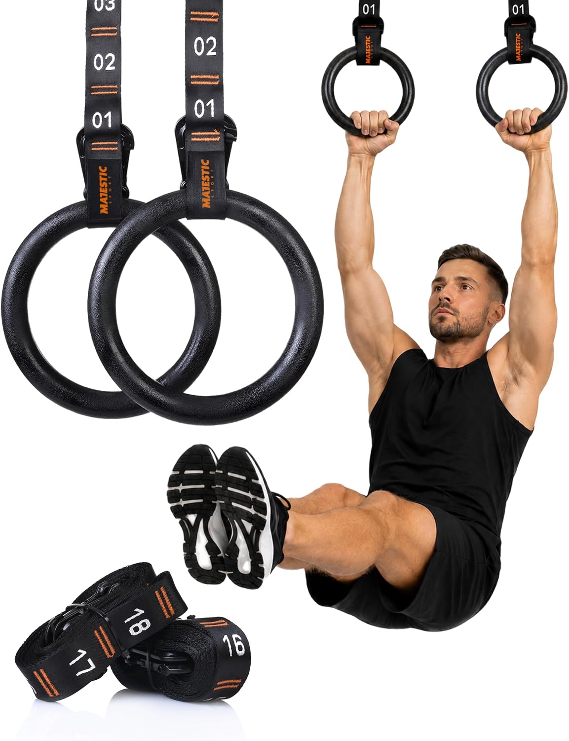 Turnringe Holz - Gymnastikringe mit 34 Verstellstufen, Ø 23,5 cm Naturholz, hochfeste Nylon-Gurtbänder & Stahlkarabiner - 健身環，適合柔軟體操、Klimmzüge 和浸沒式訓練，室內和室外