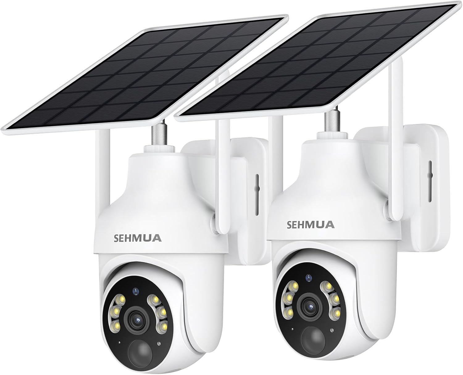 SEHMUA 2K 太陽能安全攝影機無線室外，2 件裝 360° 視圖平移/傾斜 WiFi 室外安全攝影機，帶彩色夜視，易於安裝，PIR 警報，2 路音頻