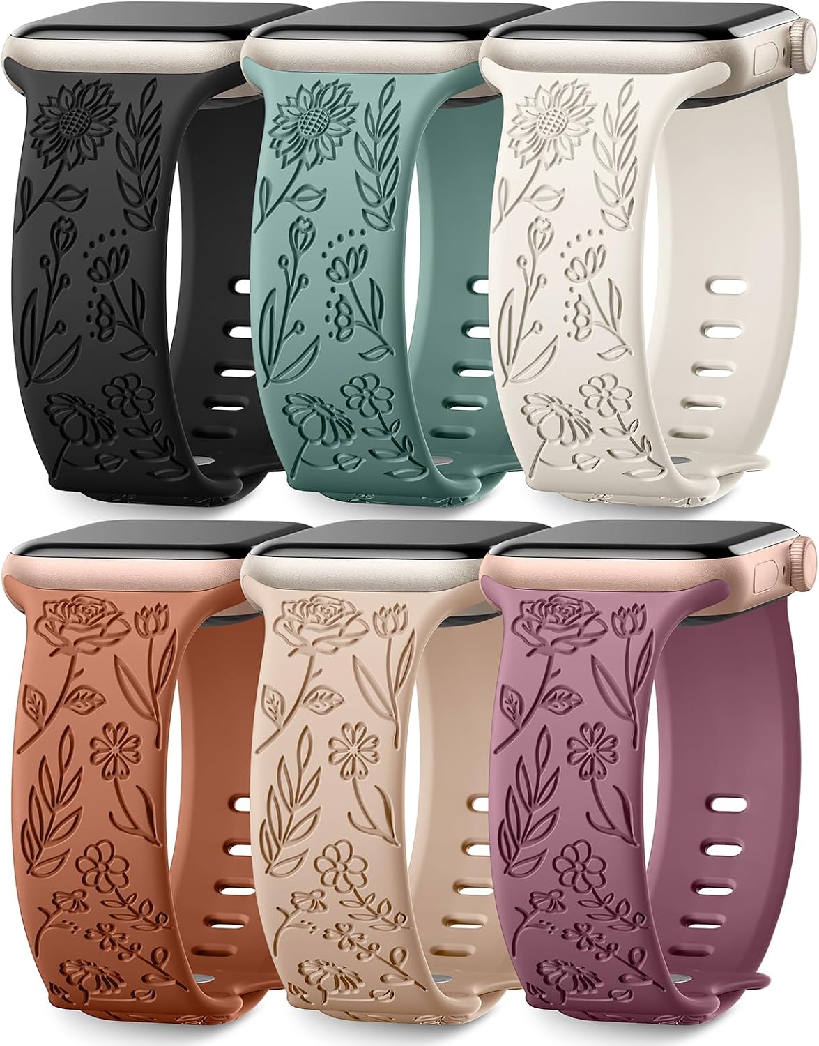 6 條裝花卉雕刻錶帶，兼容女士 Apple Watch