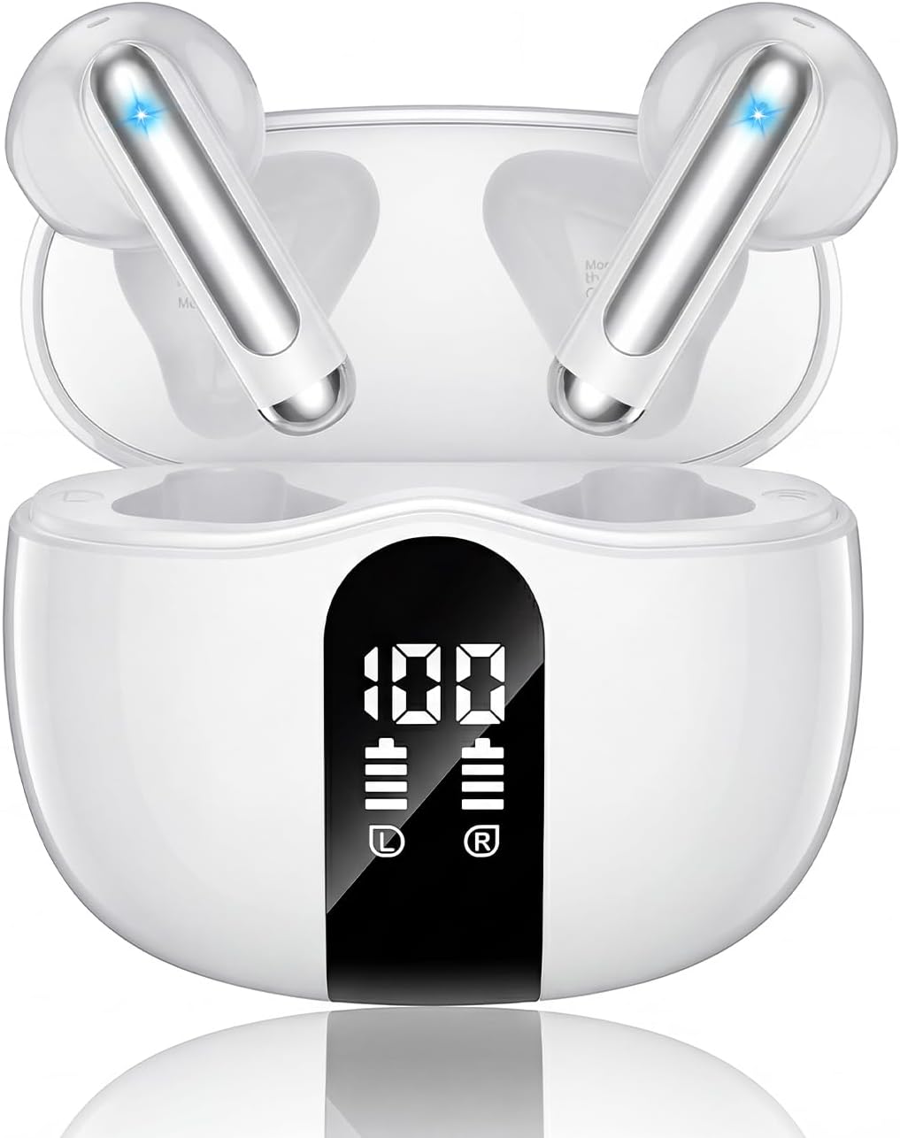 XIAOWTEK 無線耳塞，2026 藍牙 5.4 耳機低音立體聲耳塞，帶降噪麥克風，LED 顯示器入耳式耳機 50 小時播放時間耳塞，IP7 防水，適用於筆記型電腦平板手機白色