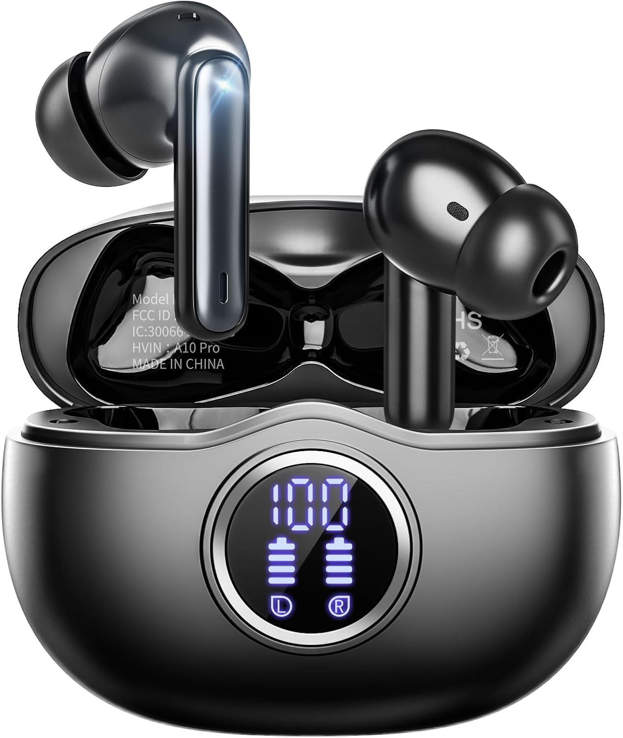 無線耳塞，藍牙 5.3 耳機 HiFi 立體聲 50H 播放 LED 數位顯示耳塞，附 ENC 降噪耳機，IPX7 防水耳機，適合健身房/跑步/工作（黑色）
