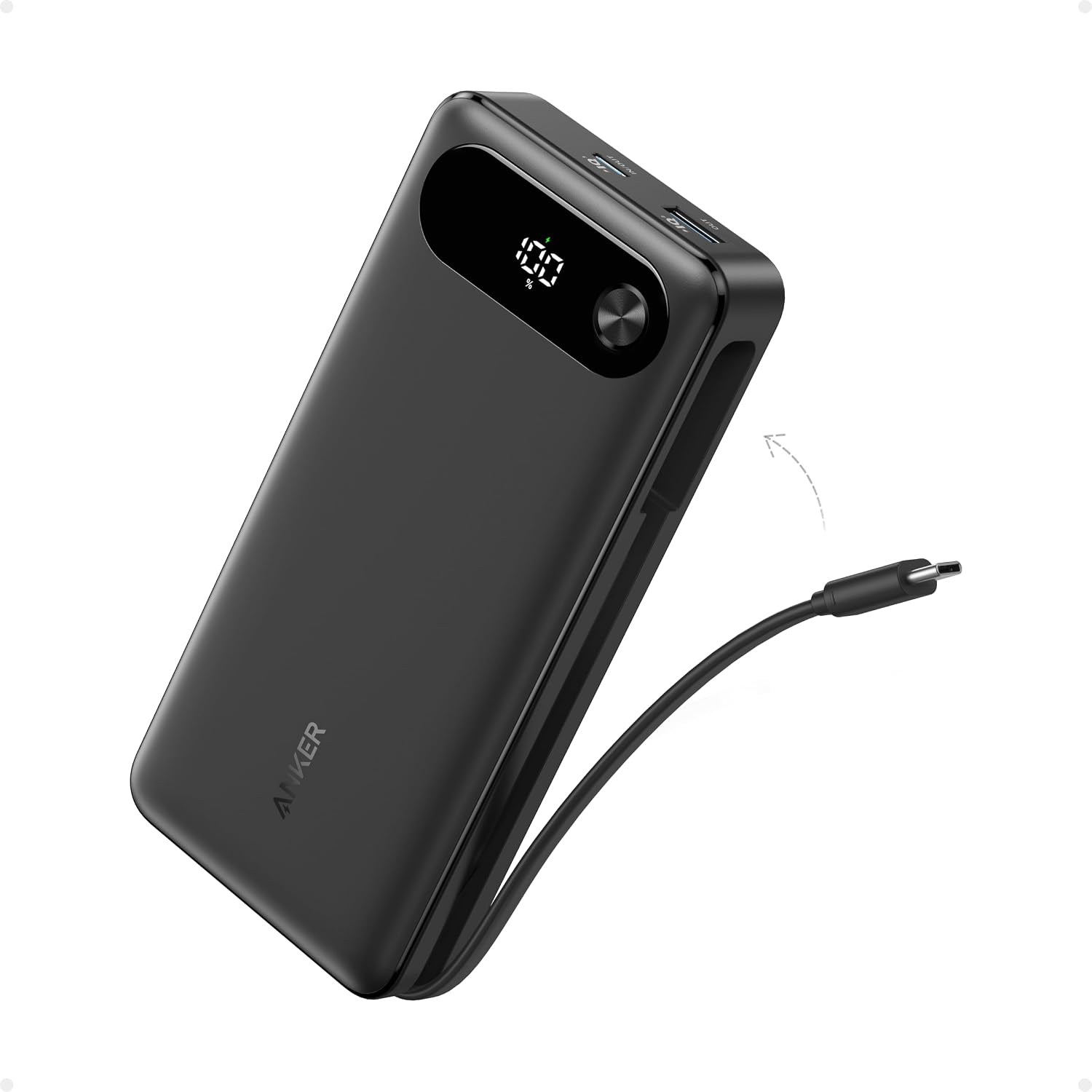 Anker 行動電源，20,000mAh 旅行必備，內建 USB-C 線（黑色）