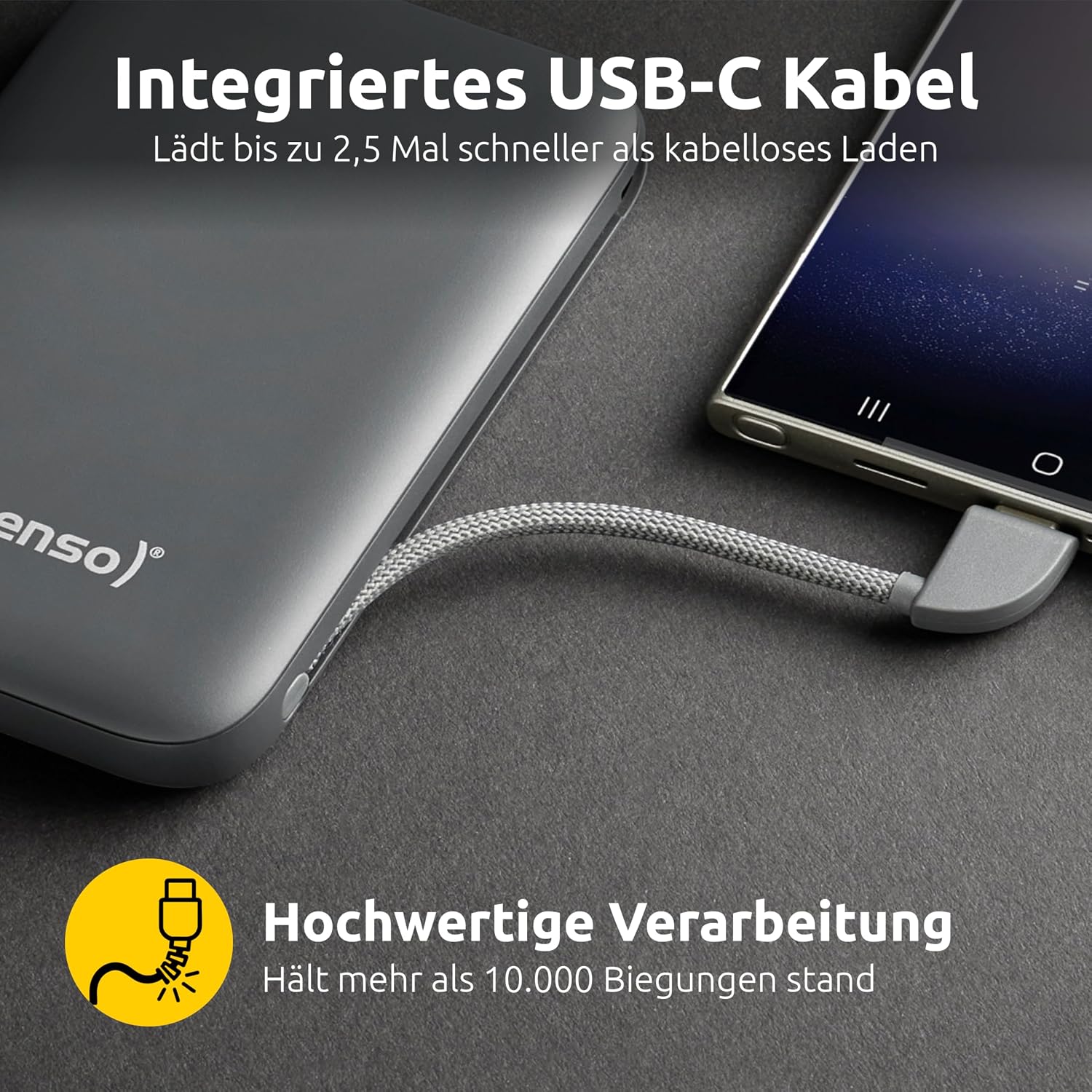 Intenso S10000 行動電源 10,000 mAh - USB-C 電纜 - PD 3.0 和 20W - 灰色