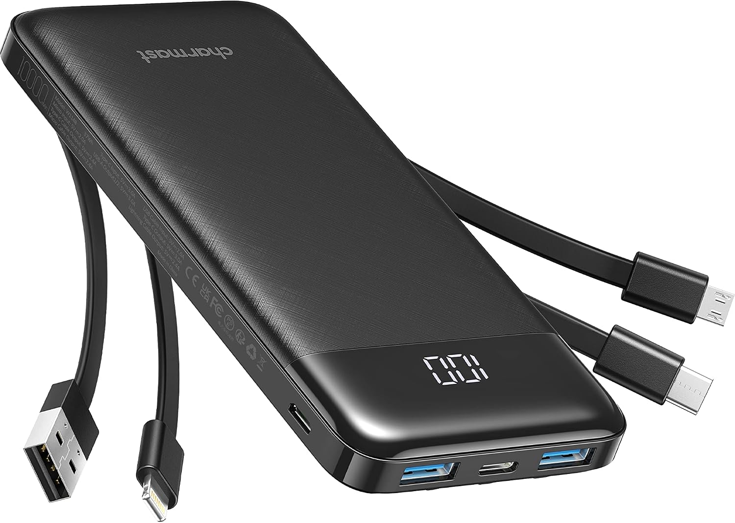 Charmast 行動電源，超薄 10000 mAh 行動電源，附 4 條電纜和 6 個輸出