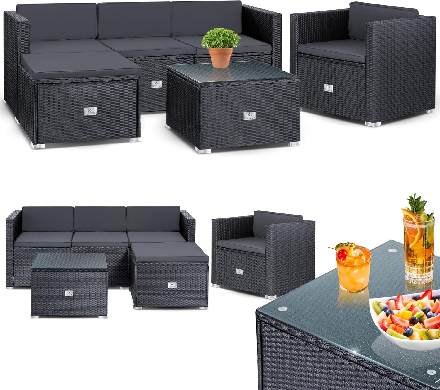 KESSER® Aruba Polyrattan 休息室 - 適合 4-5 人的花園休息室、花園家具套裝、3 件花園沙發座椅套裝、扶手椅、凳子、帶座墊的邊桌，適用於花園、庭院和陽台