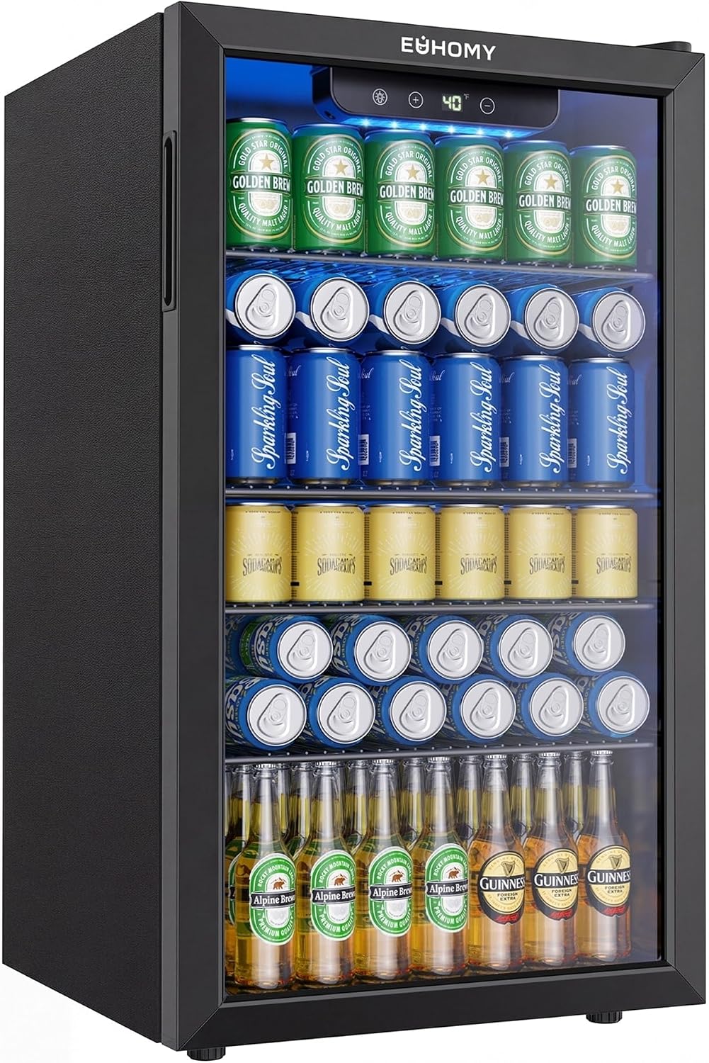 EUHOMY 130 罐迷你冰箱，飲料冰箱，附玻璃門，黑色