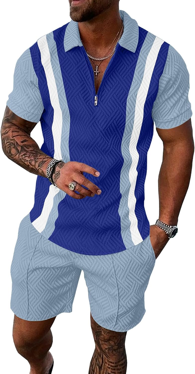UOUA 男士夏季田徑套裝 2 件套短褲套裝短袖運動服套裝 1/4 拉鍊高爾夫 Polo 拼接條紋襯衫