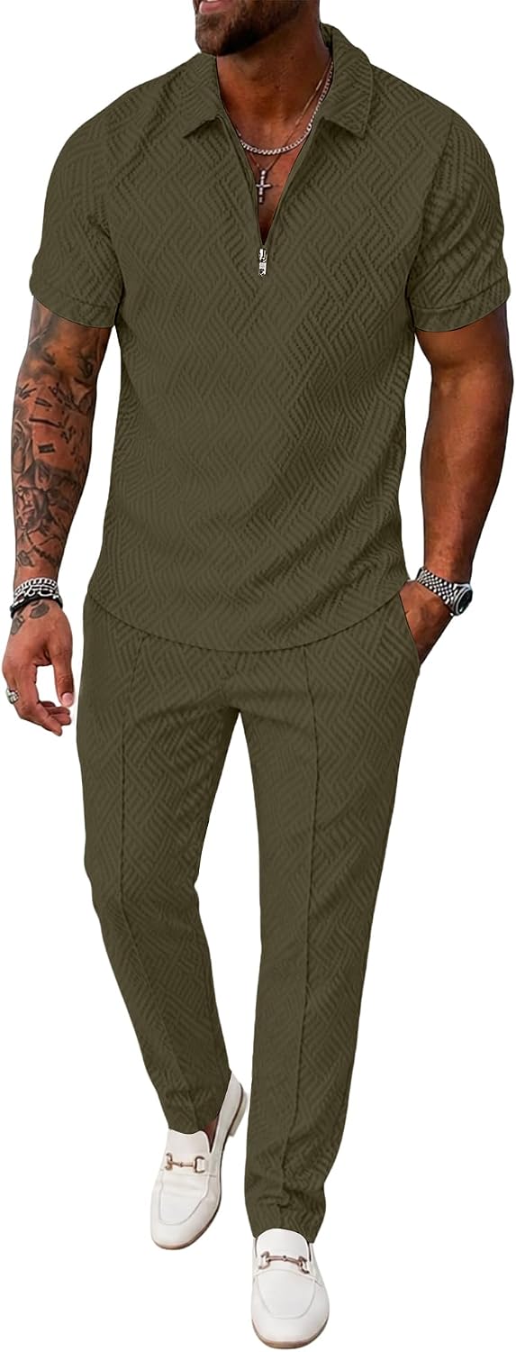 UOUA 男士 2 件套服裝 1/4 拉鍊 Polo 休閒褲夏季套裝運動服