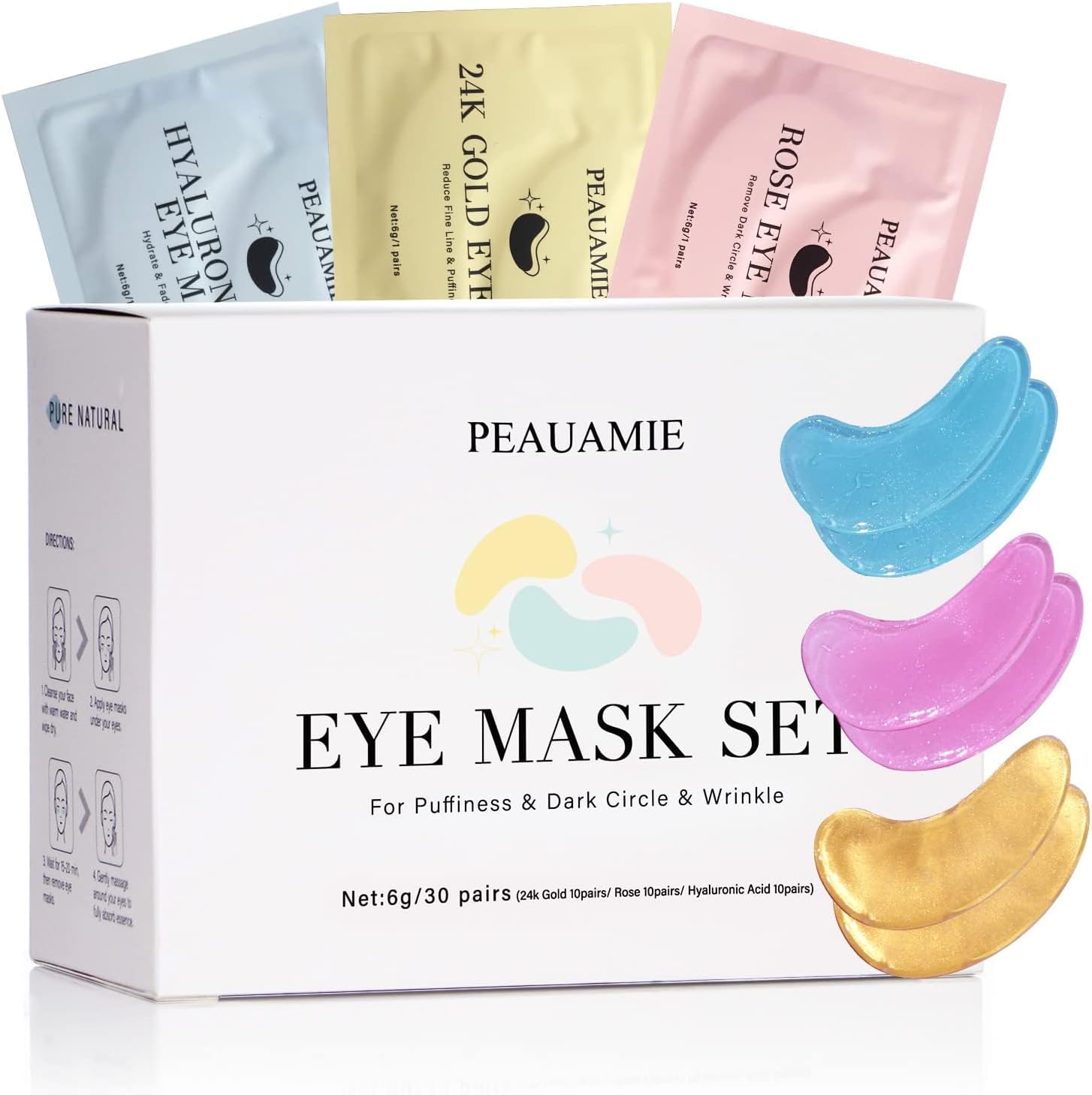 PEAUAMIE 眼貼金色和透明質酸用於浮腫眼睛，玫瑰眼膜用於黑眼圈和浮腫皮膚護理平滑皺紋產品 30 對
